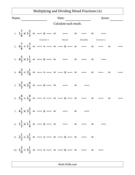 Multiplying and Dividing Mixed Fractions (A)